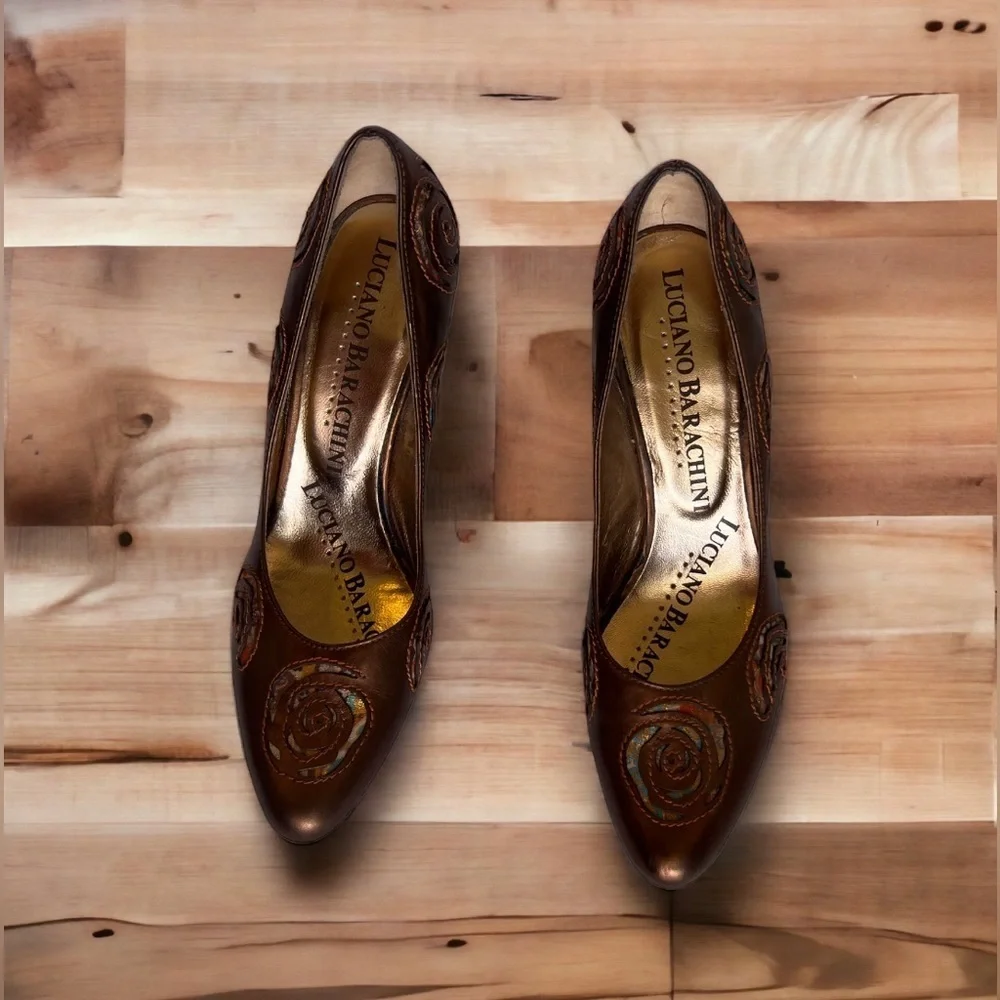 Luciano Barachini Gold Designer Pointy Toe Heel Size 8.5